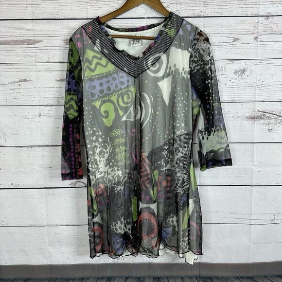 Parsley Sage Shirt Top Womens Large Multicolor Mesh Layered Geometric 80s Tunic - Picture 1 of 13